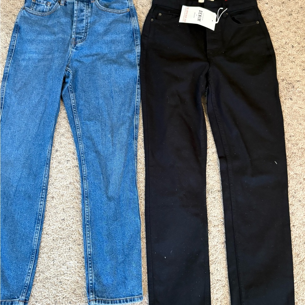 Two Sezane Women's Straight Leg Jeans in Black pair and blue pair
